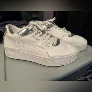 Puma Women’s Cali Casual Shine White Silver Trainers - Size US 10.5